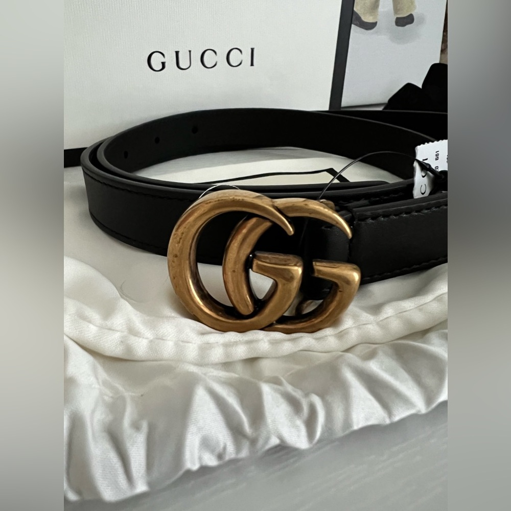 🔥SOLD🔥 GUCCI Thin Black Leather Belt Double G 80 Antique Brass Buckle NEW